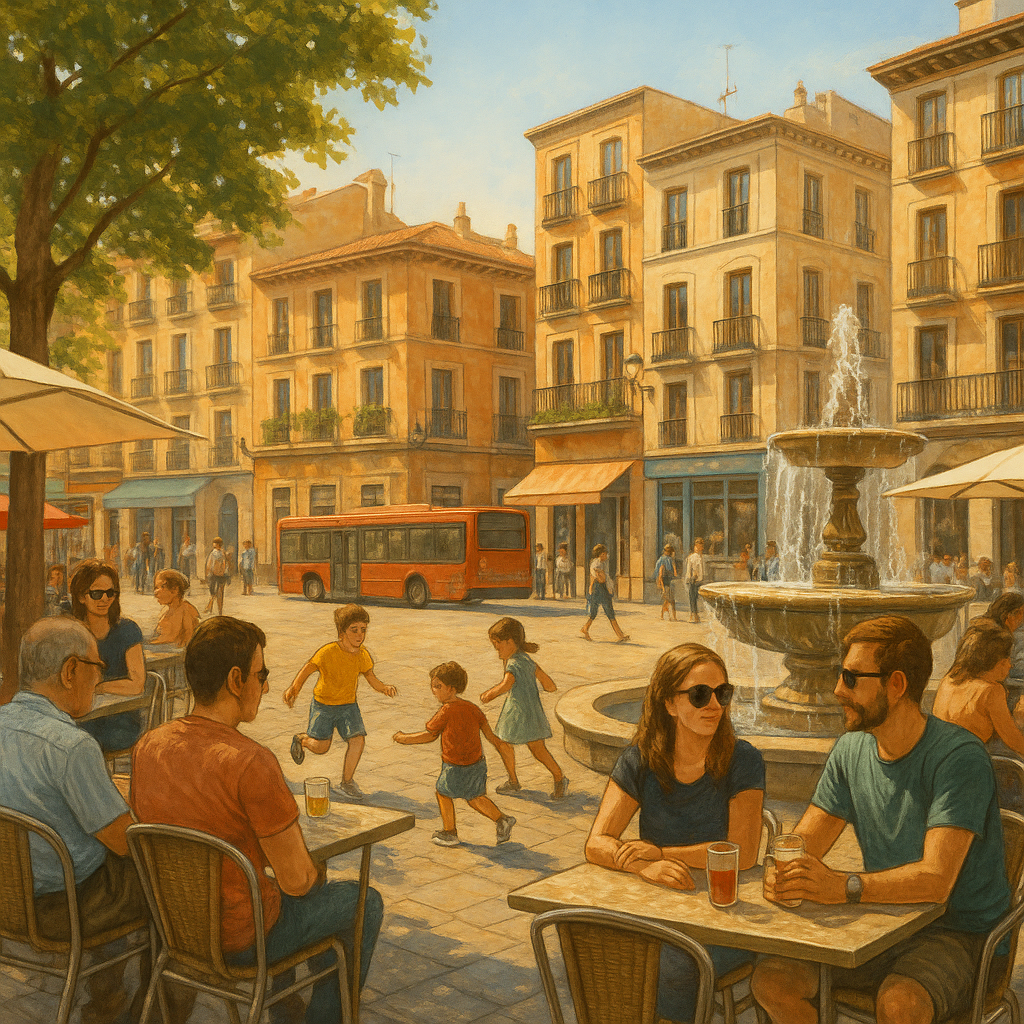 Plaza animada en una ciudad española