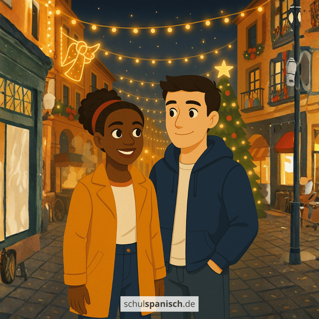Clara und Mateo auf einer weihnachtlich beleuchteten Straße